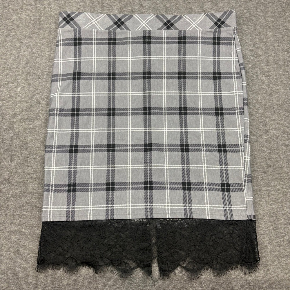 NEW Torrid Gray Plaid Pull On Mini Studio Luxe Ponte Lace Trim Pencil Skirt - Picture 2 of 12